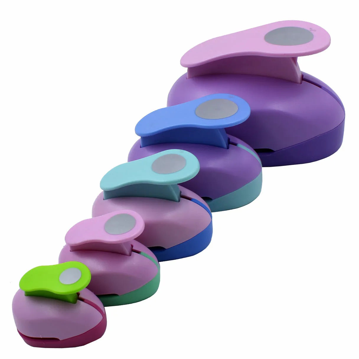 Round children's puzzle embossing machine with colourful finish showing 9mm to 75mm round dies for paper craft