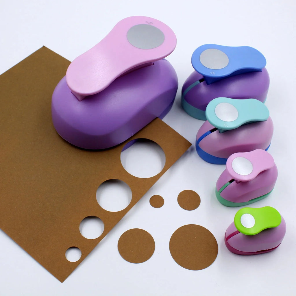 Round children's puzzle embossing machine with colourful finish showing 9mm to 75mm round dies for paper craft