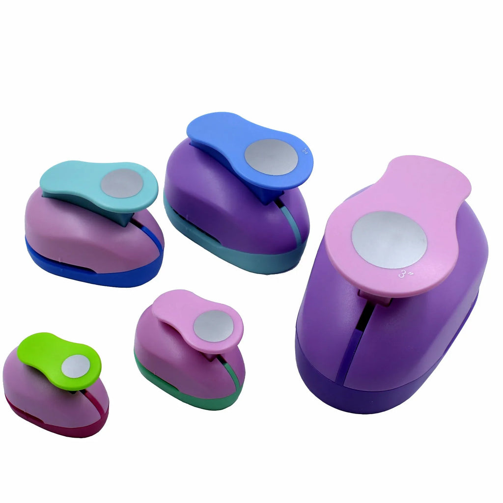 Round children's puzzle embossing machine with colourful finish showing 9mm to 75mm round dies for paper craft