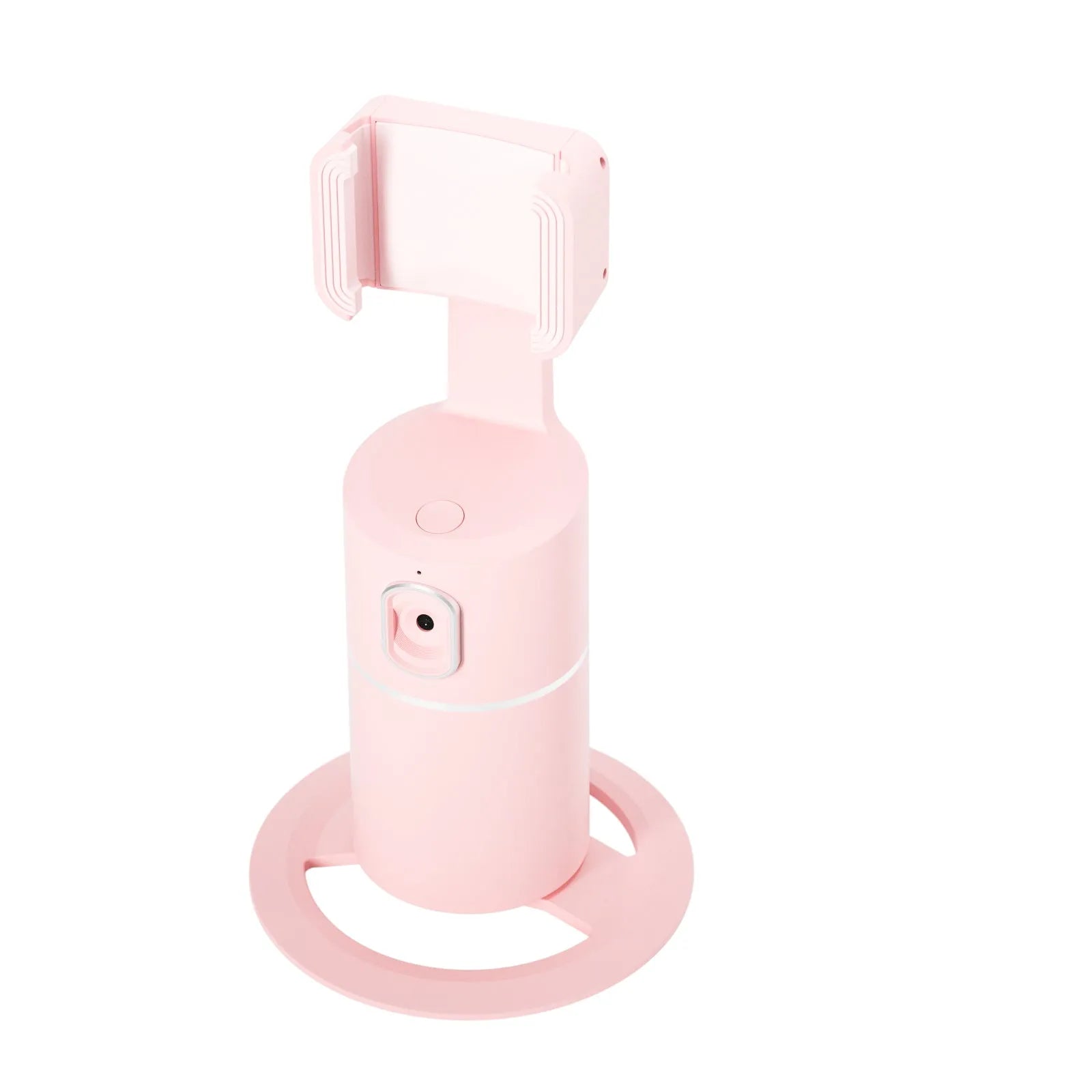Black smartphone tracking gimbal showing 360-degree rotation capability with clip mounting system