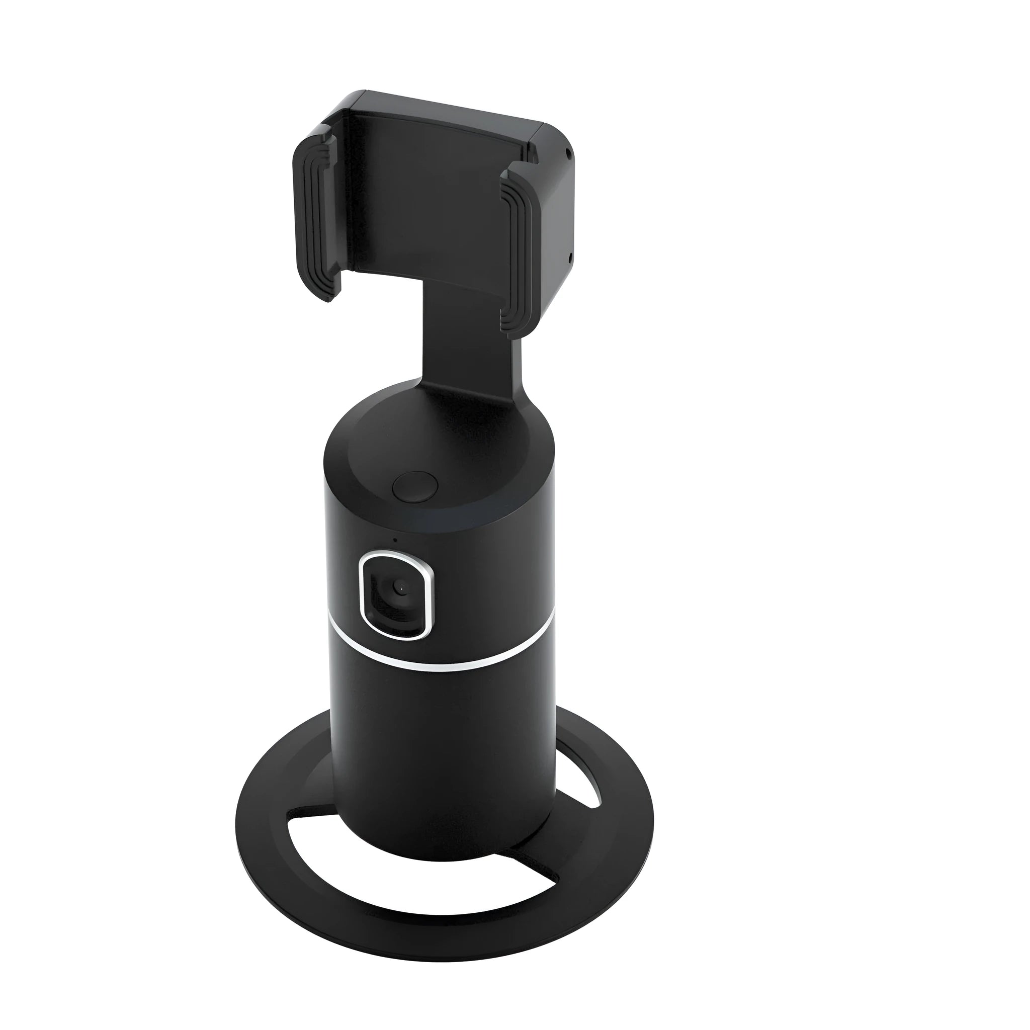 Black smartphone tracking gimbal showing 360-degree rotation capability with clip mounting system