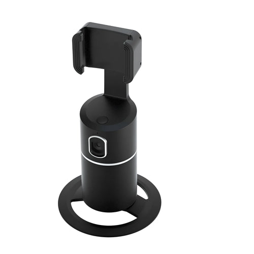 Black smartphone tracking gimbal showing 360-degree rotation capability with clip mounting system