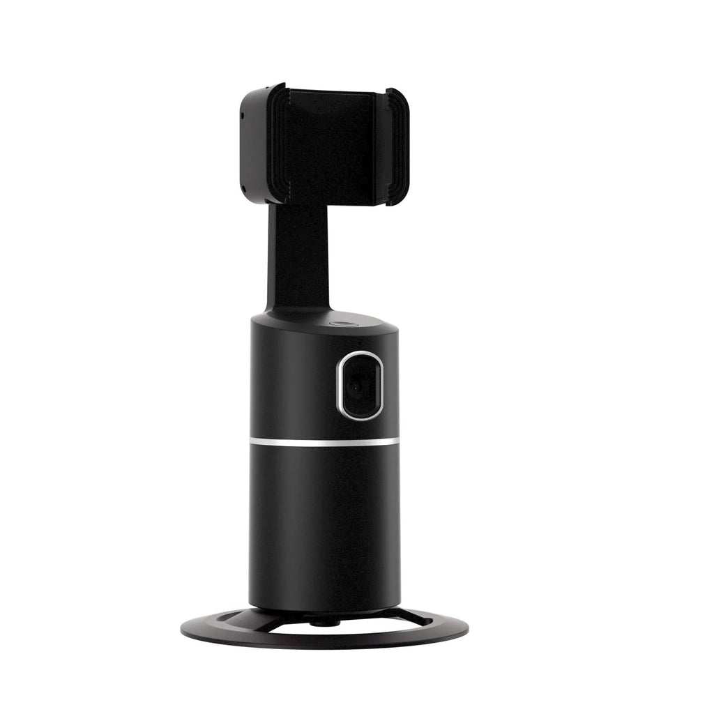 Black smartphone tracking gimbal showing 360-degree rotation capability with clip mounting system