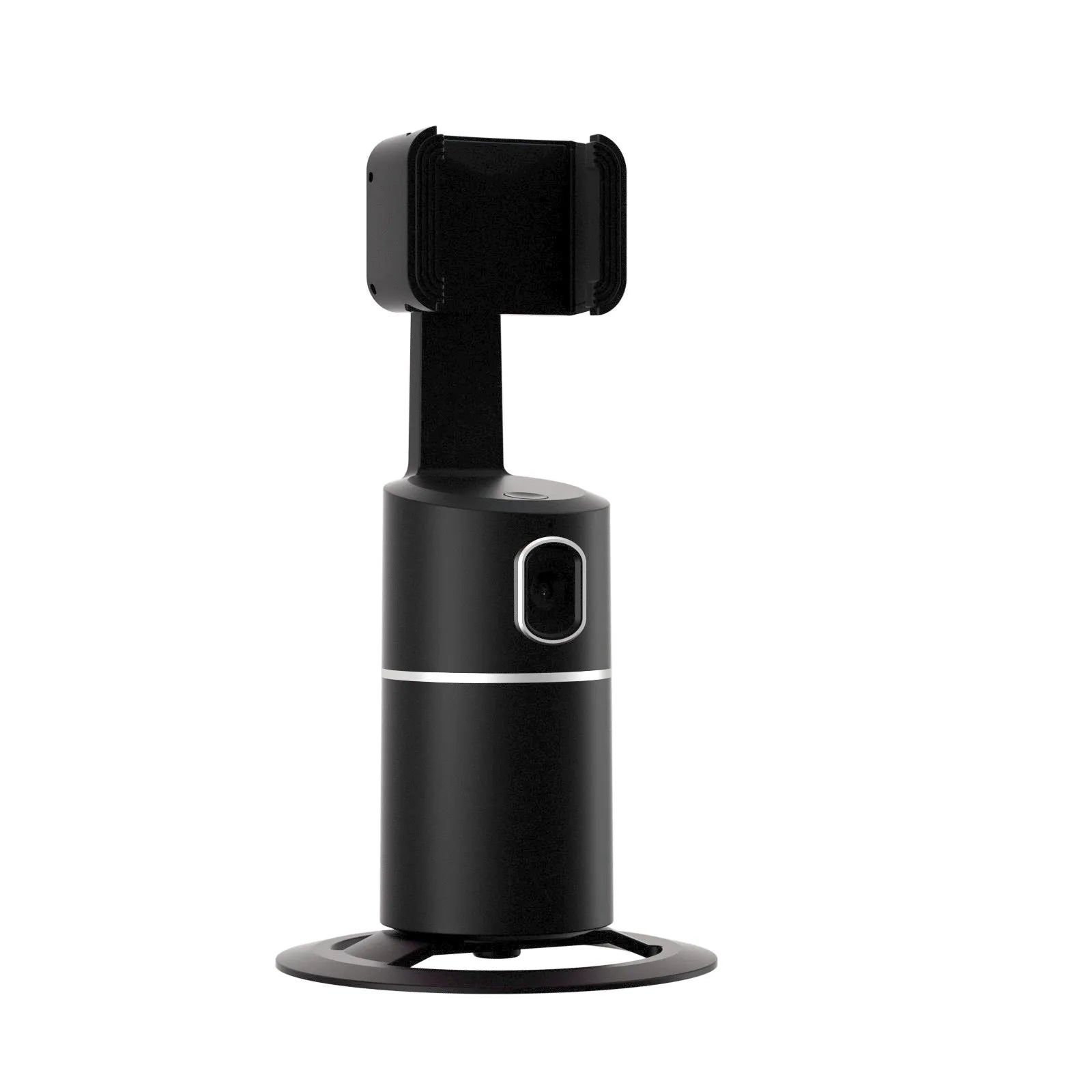 Black smartphone tracking gimbal showing 360-degree rotation capability with clip mounting system