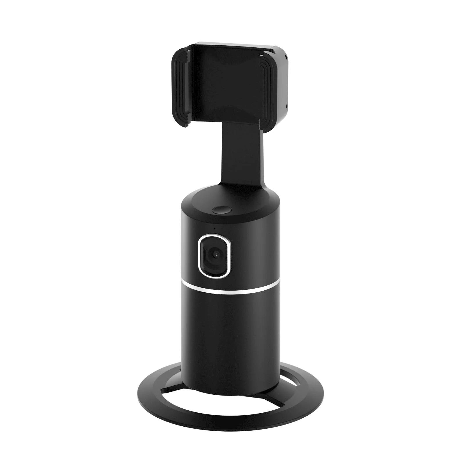 Black smartphone tracking gimbal showing 360-degree rotation capability with clip mounting system