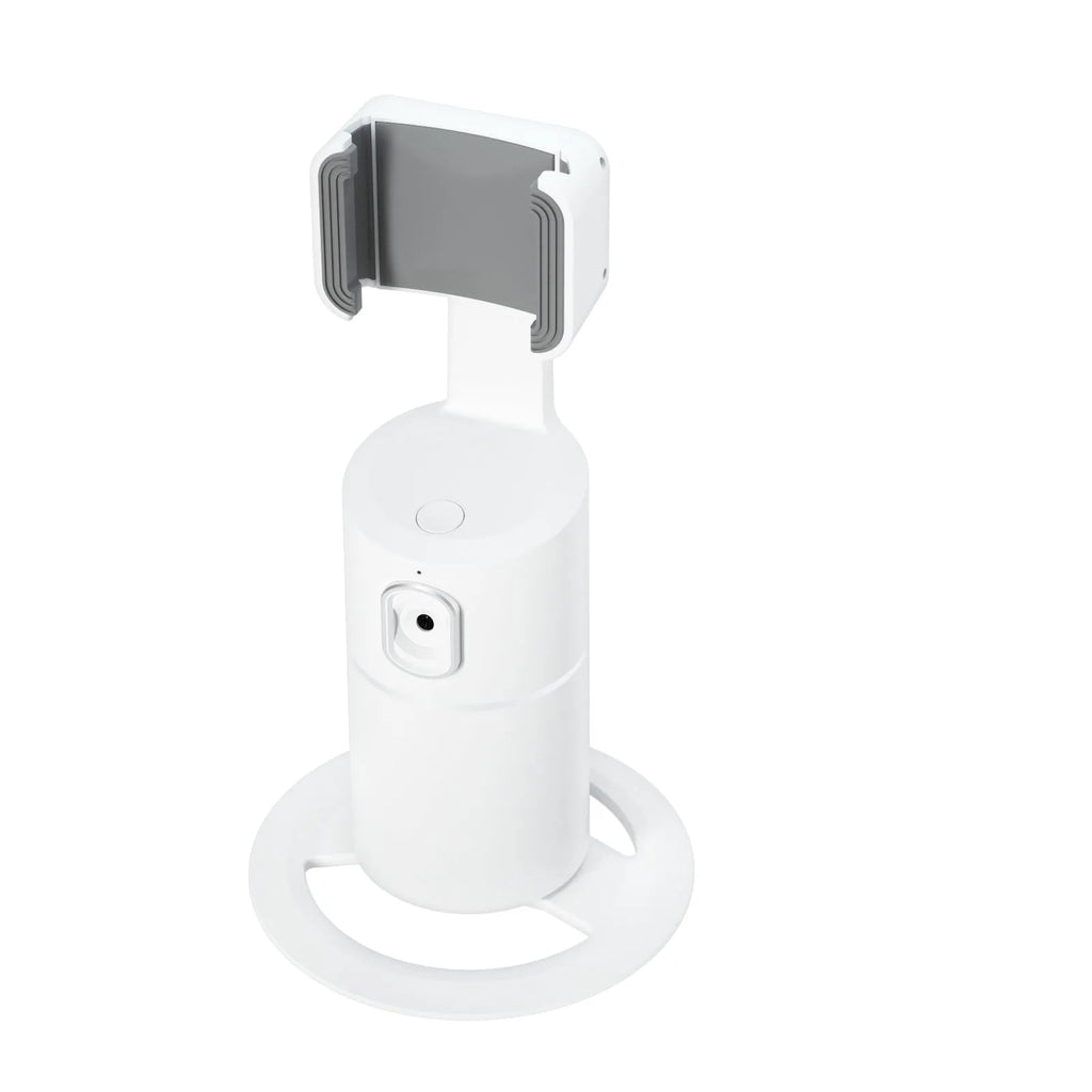 Black smartphone tracking gimbal showing 360-degree rotation capability with clip mounting system