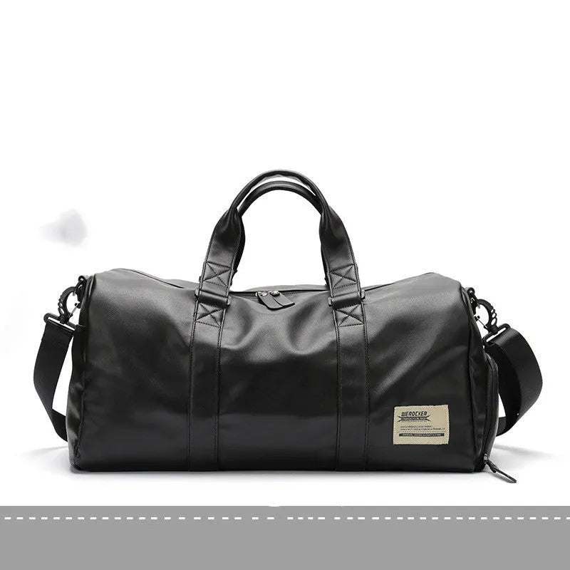 Large black PU leather sports training bag with a single shoulder strap and multiple internal compartments.