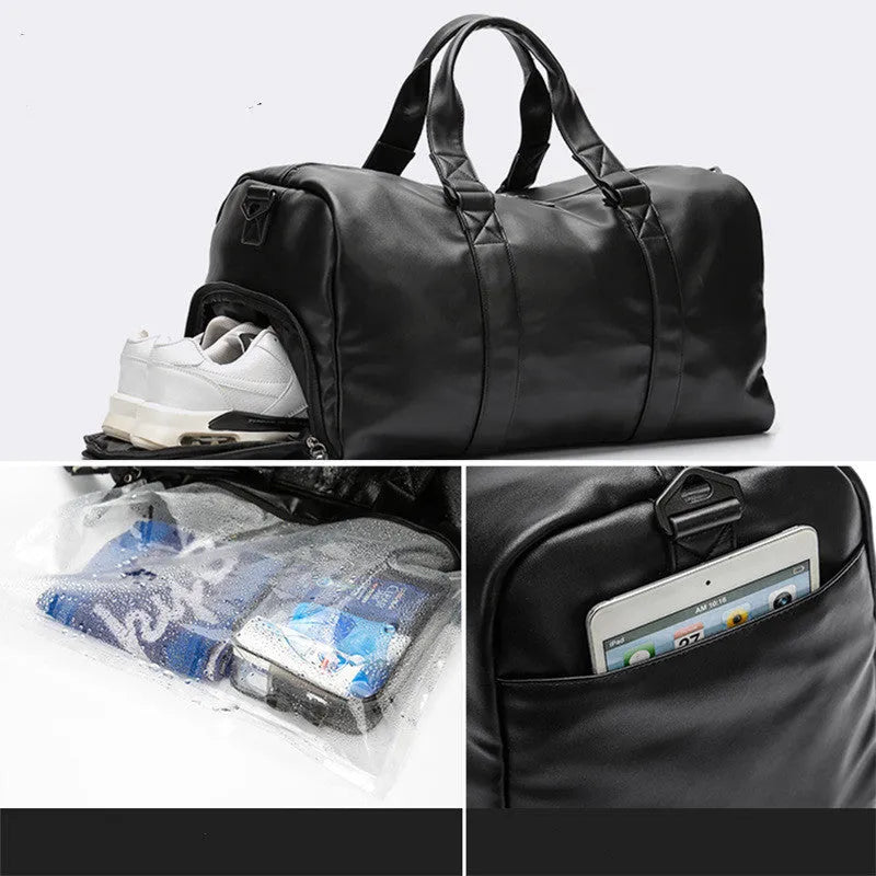 Large black PU leather sports training bag with a single shoulder strap and multiple internal compartments.