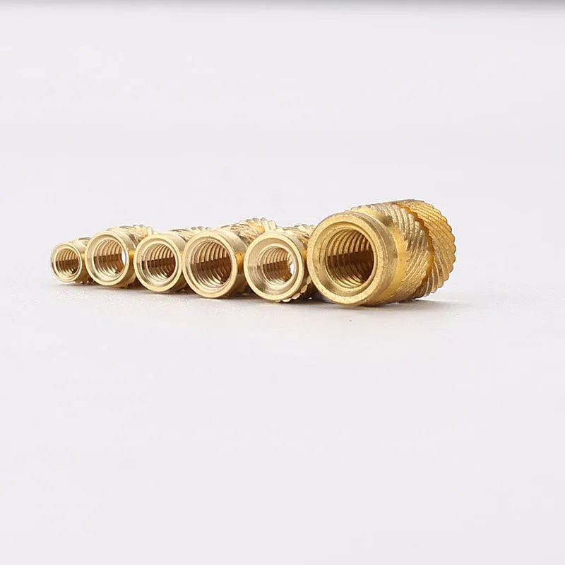 Brass hot melt copper nuts with M2 and M3 thread, outer diameters 3.8mm to 4.2mm, heights 3.0mm to 6.0mm