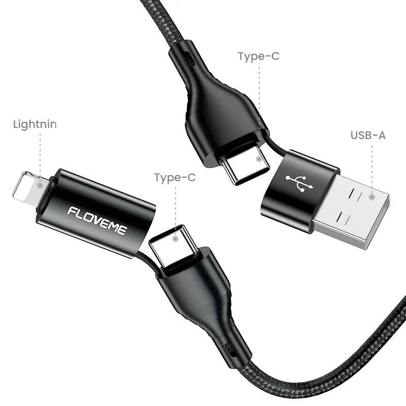 Black nylon-braided 4-in-1 fast charging data cable showing USB-A, USB-C, and Lightning connectors.