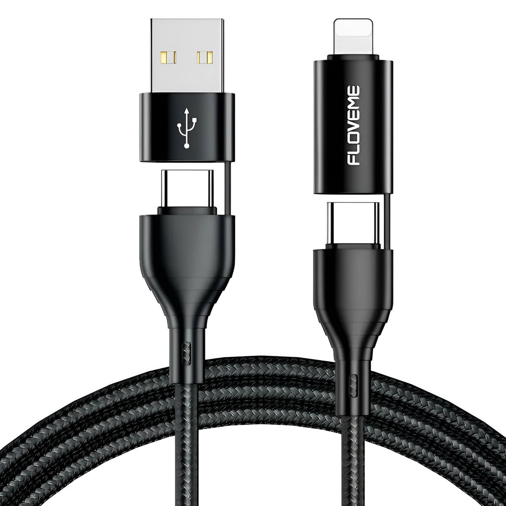 Black nylon-braided 4-in-1 fast charging data cable showing USB-A, USB-C, and Lightning connectors.