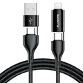 Black nylon-braided 4-in-1 fast charging data cable showing USB-A, USB-C, and Lightning connectors.