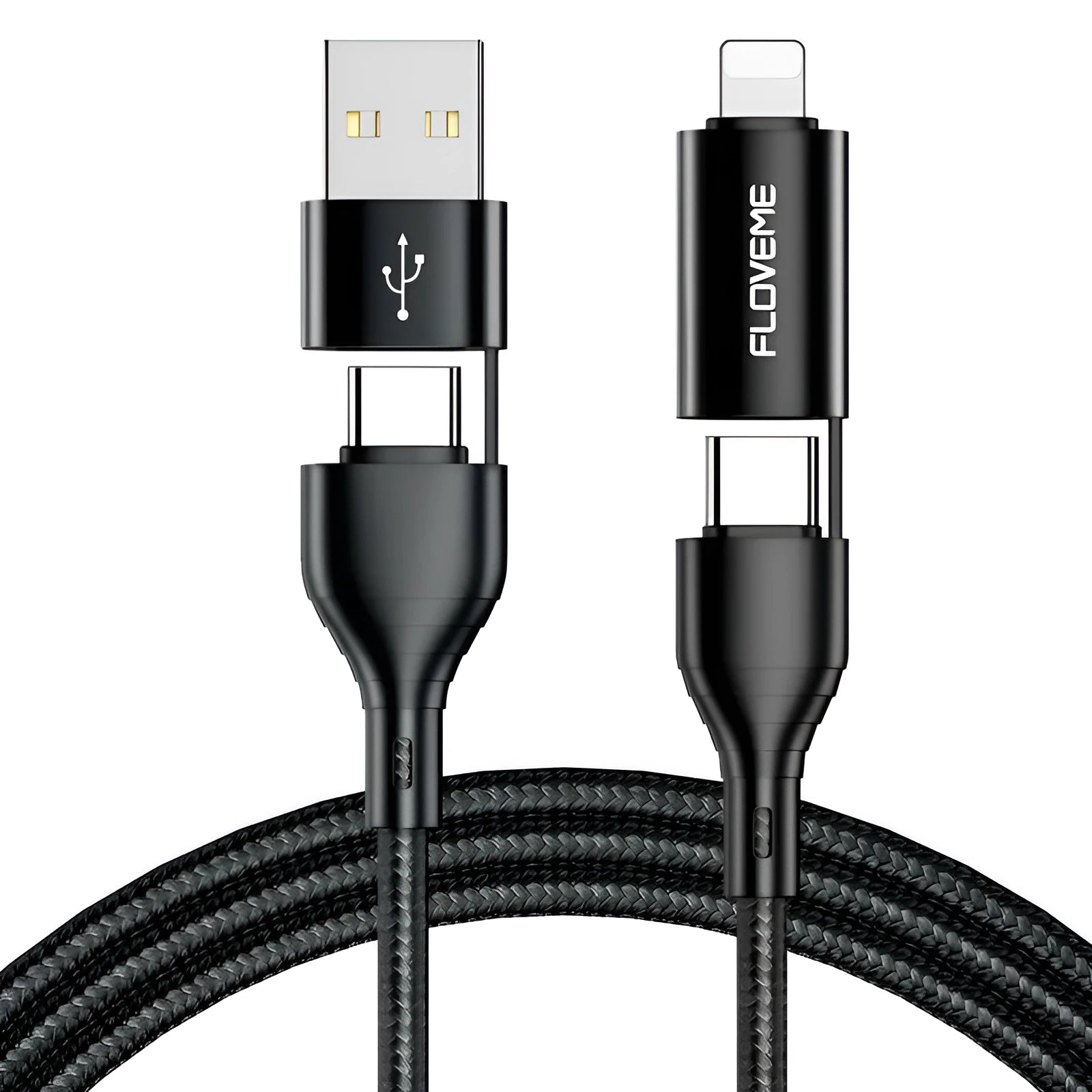Black nylon-braided 4-in-1 fast charging data cable showing USB-A, USB-C, and Lightning connectors.