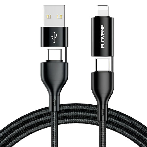 Black nylon-braided 4-in-1 fast charging data cable showing USB-A, USB-C, and Lightning connectors.