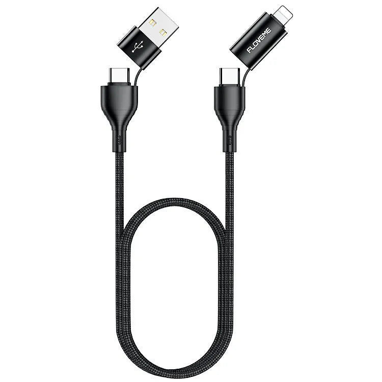 Black nylon-braided 4-in-1 fast charging data cable showing USB-A, USB-C, and Lightning connectors.