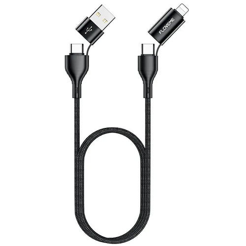 Black nylon-braided 4-in-1 fast charging data cable showing USB-A, USB-C, and Lightning connectors.