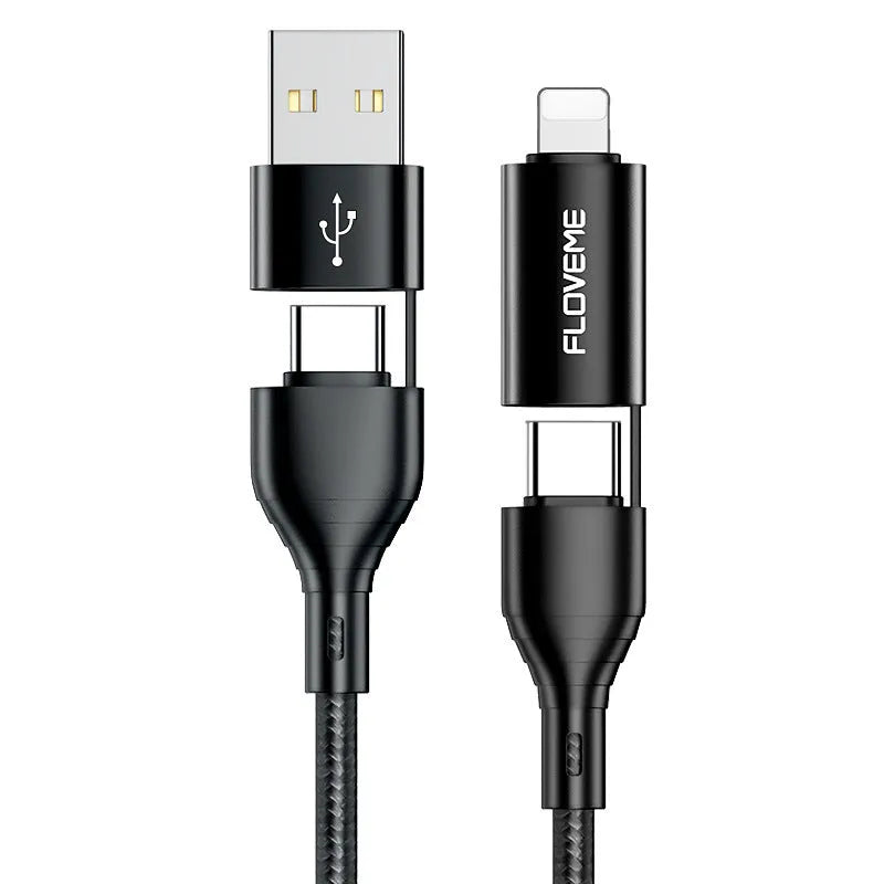 Black nylon-braided 4-in-1 fast charging data cable showing USB-A, USB-C, and Lightning connectors.