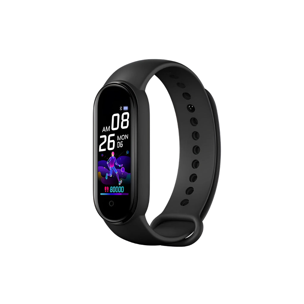 M5 model smart fitness bracelet in black, showing the 0.96-inch touch screen displaying a heart rate reading.