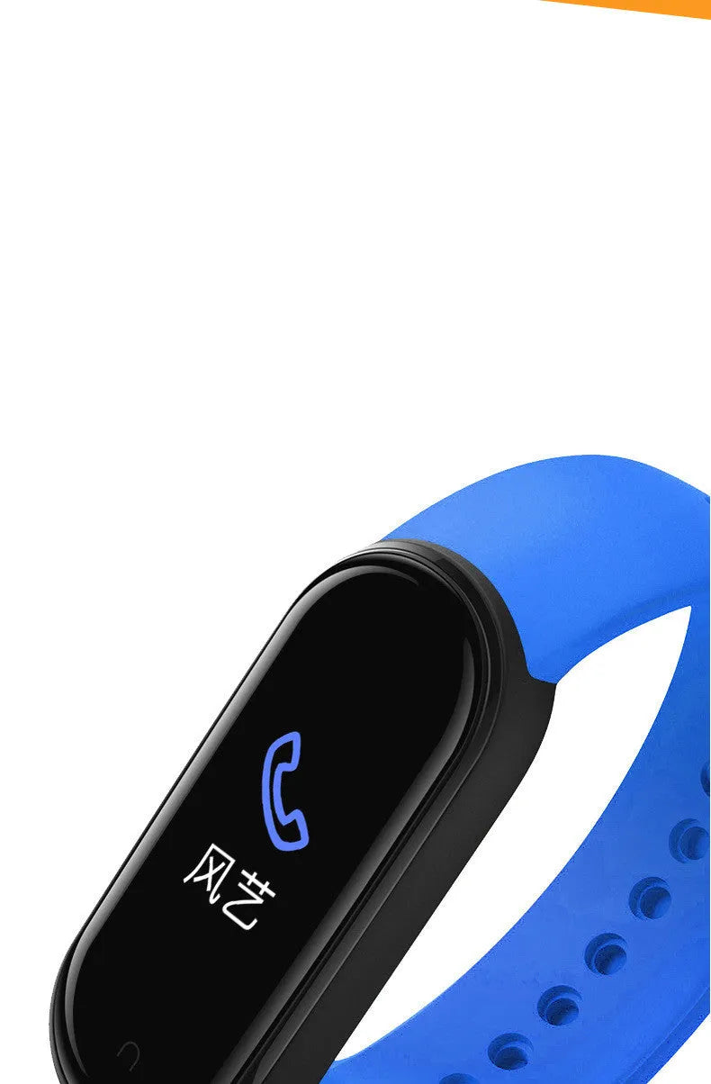M5 model smart fitness bracelet in black, showing the 0.96-inch touch screen displaying a heart rate reading.