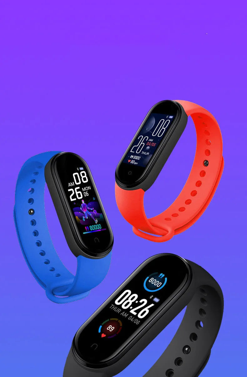 M5 model smart fitness bracelet in black, showing the 0.96-inch touch screen displaying a heart rate reading.