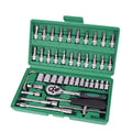 46-piece green car repair tool set with metric sockets, ratchet wrench, and torque wrench in storage box