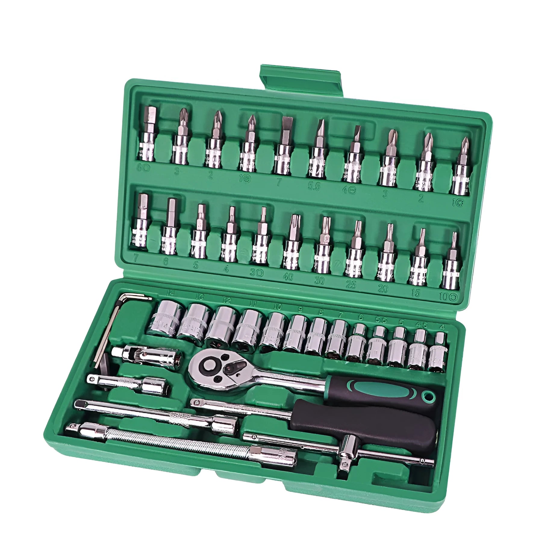46-piece green car repair tool set with metric sockets, ratchet wrench, and torque wrench in storage box