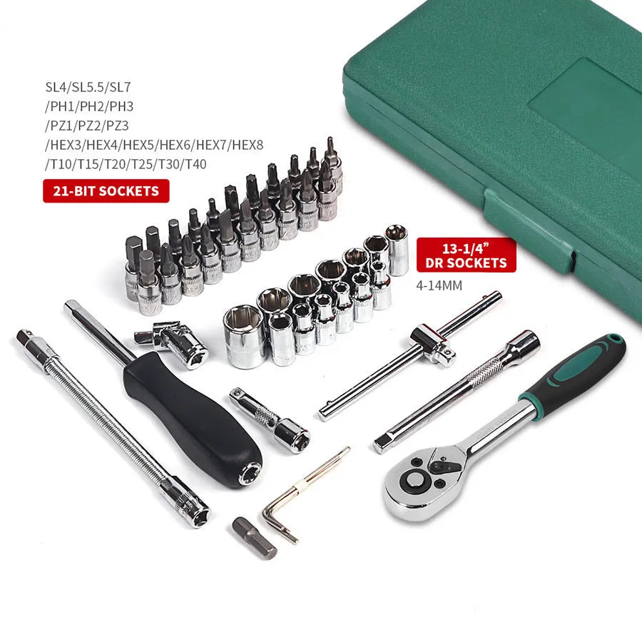 46-piece green car repair tool set with metric sockets, ratchet wrench, and torque wrench in storage box