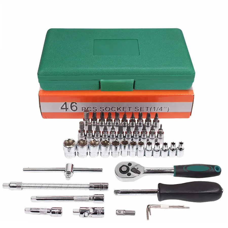 46-piece green car repair tool set with metric sockets, ratchet wrench, and torque wrench in storage box