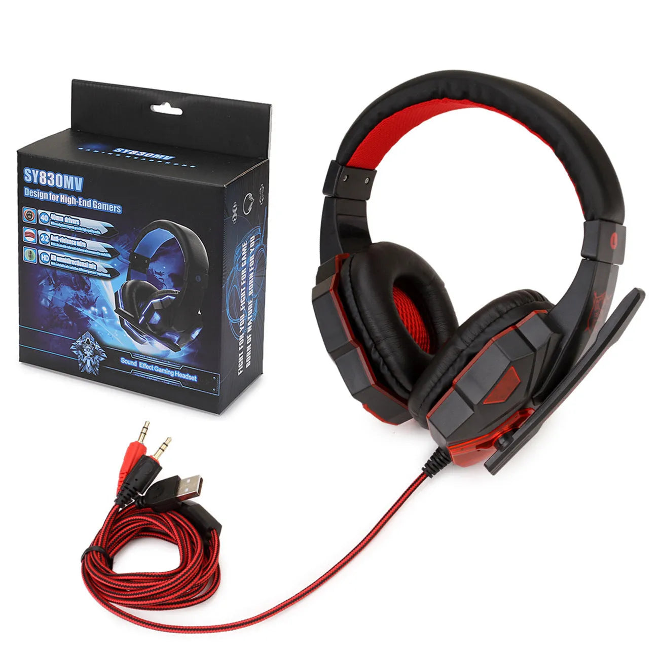 Wired PS4 and PC gaming headset with LED lights in black and blue colour with braided cable