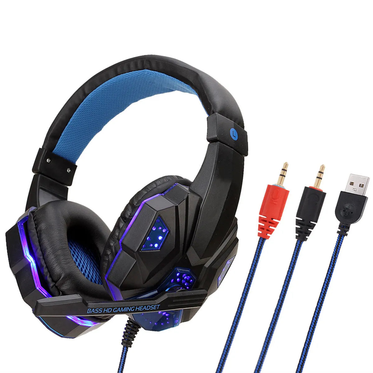 Wired PS4 and PC gaming headset with LED lights in black and blue colour with braided cable