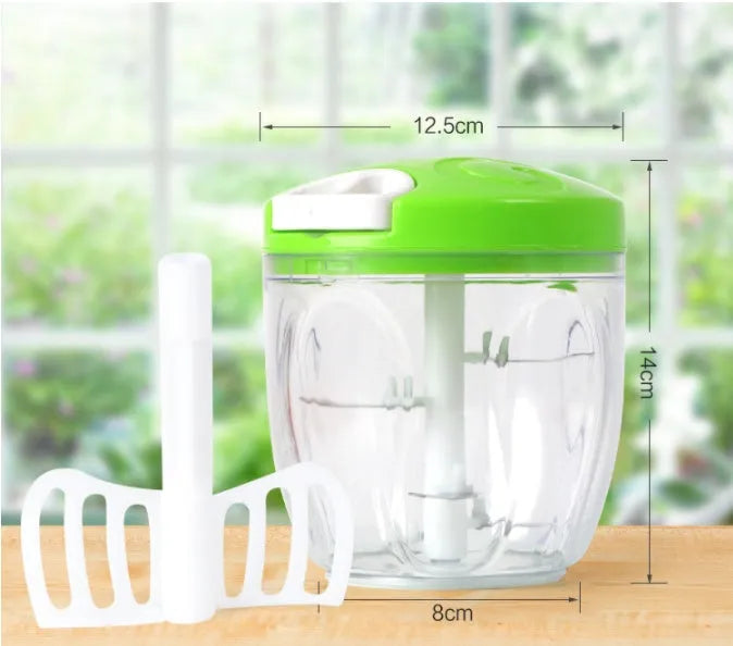 Green manual meat grinder chopper with three stainless steel blades and 500ml capacity