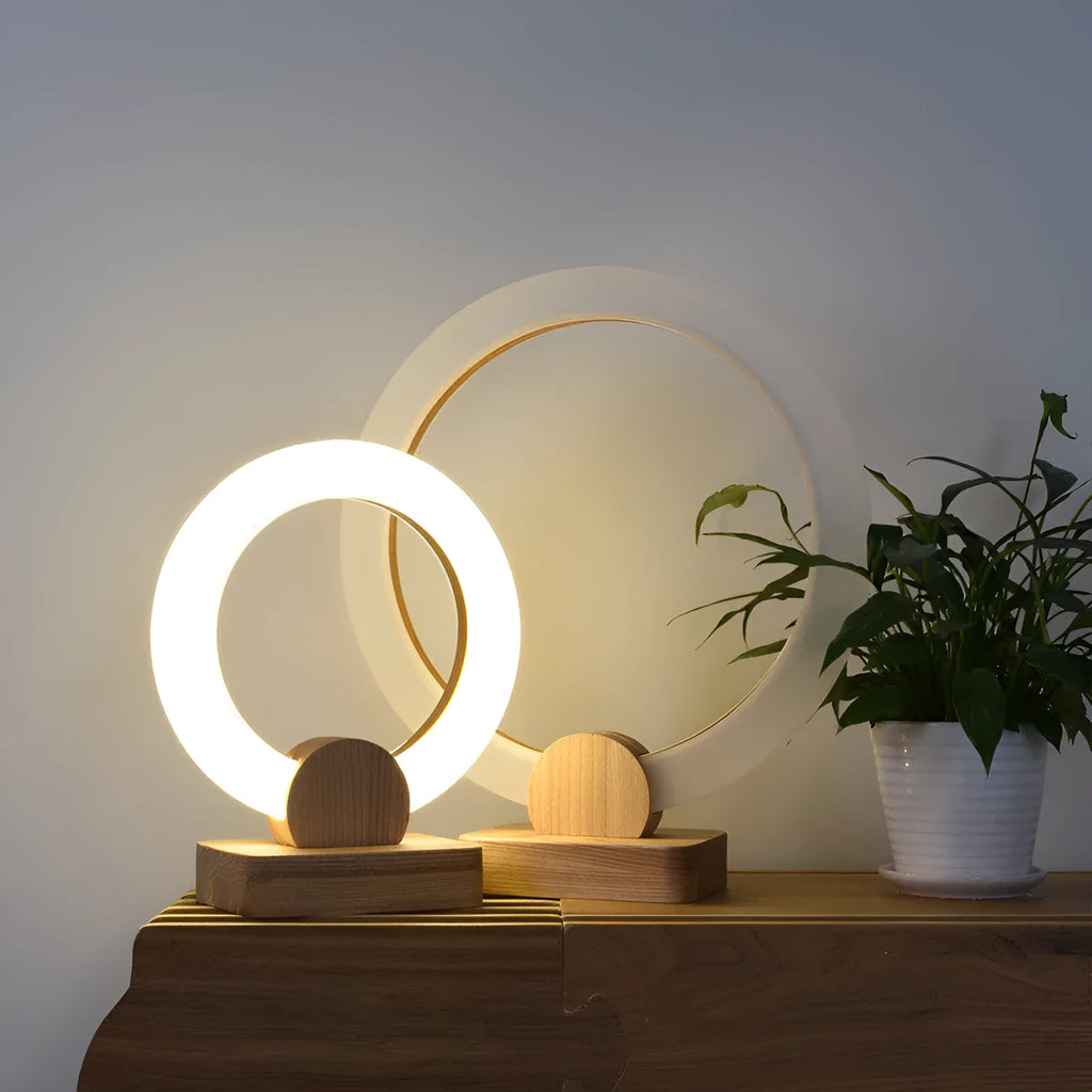 Modern wooden circular art chandelier with acrylic shade, shown in 20cm and 30cm diameter options