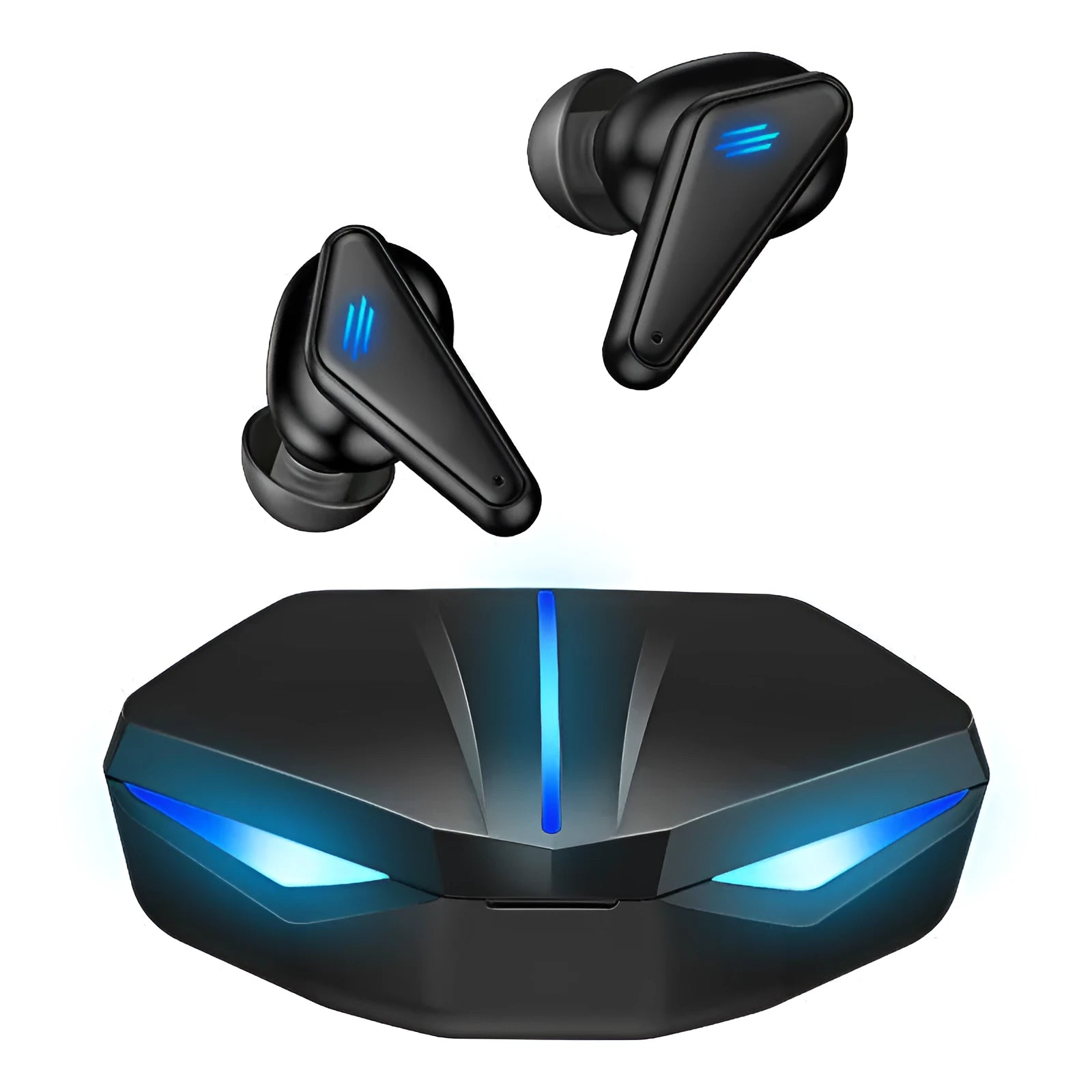 Blue Private Model K55 wireless Bluetooth gaming earbuds with charging case on a dark surface.