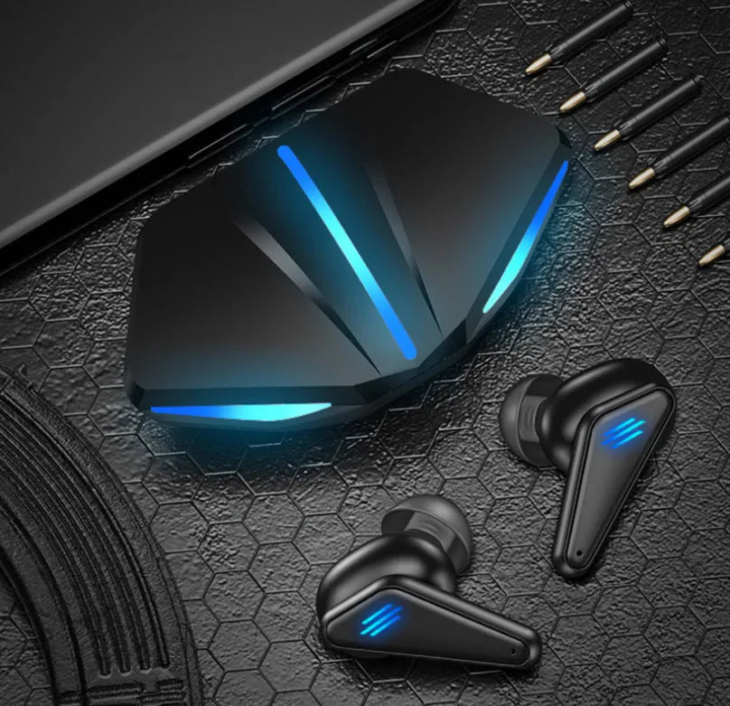 Blue Private Model K55 wireless Bluetooth gaming earbuds with charging case on a dark surface.