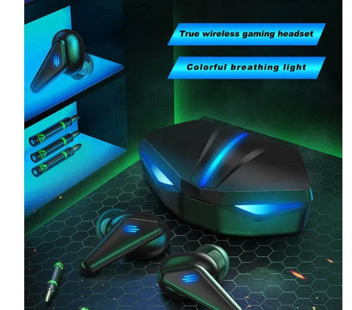 Blue Private Model K55 wireless Bluetooth gaming earbuds with charging case on a dark surface.
