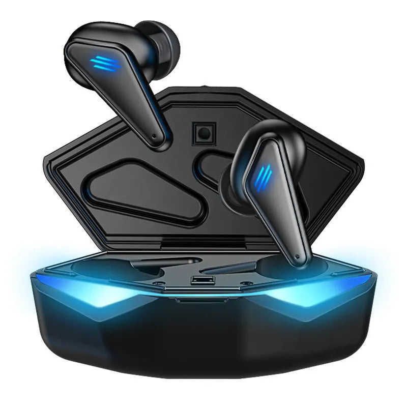 Blue Private Model K55 wireless Bluetooth gaming earbuds with charging case on a dark surface.