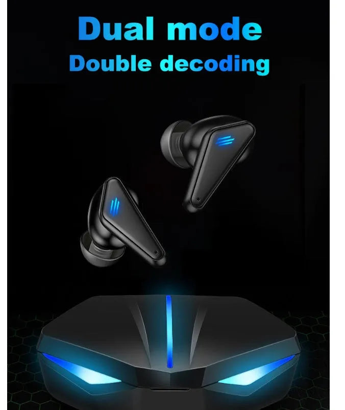 Blue Private Model K55 wireless Bluetooth gaming earbuds with charging case on a dark surface.