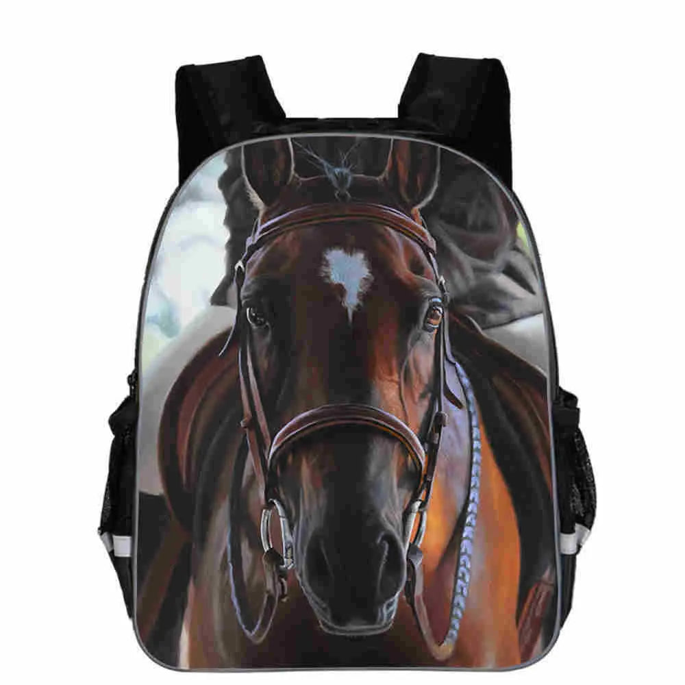 Cartoon horse head school backpack in multiple colours with zipper opening and organisational compartments