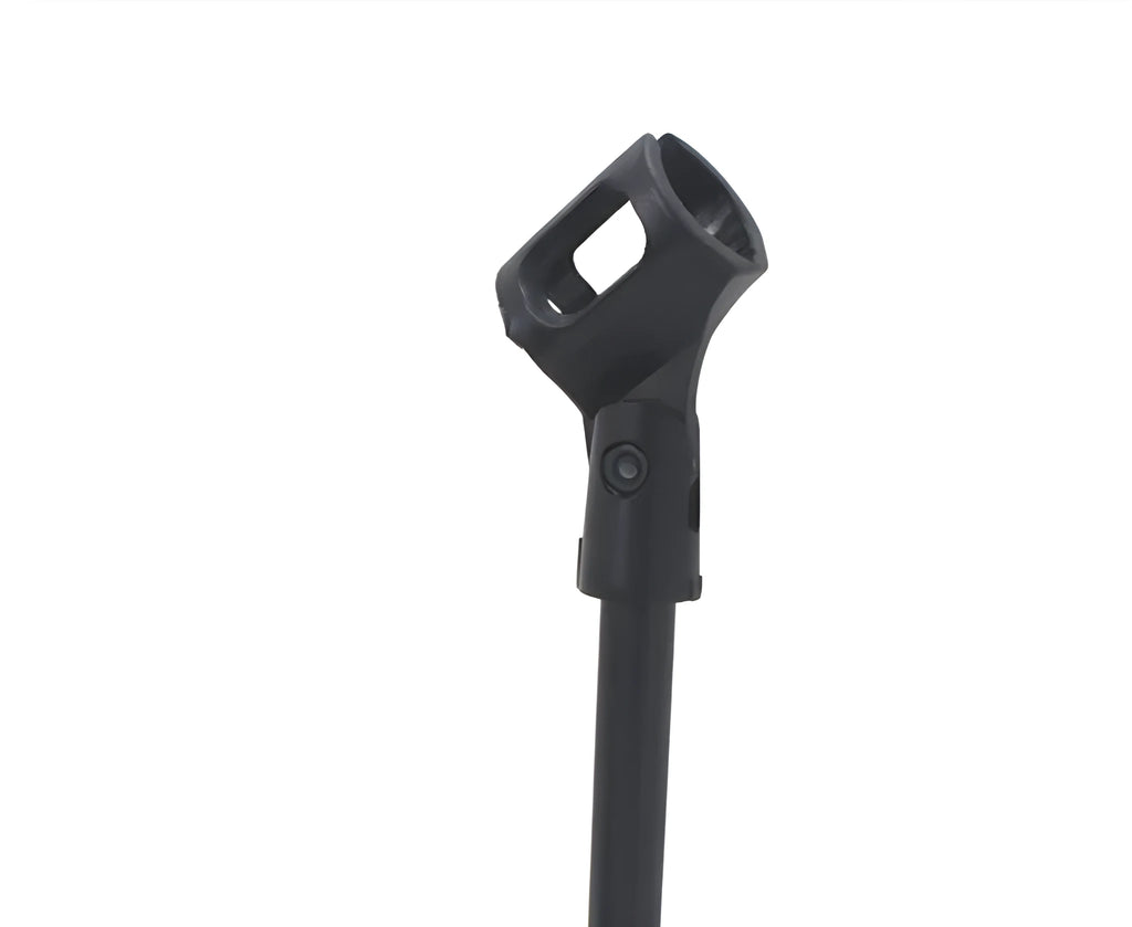 Black metal desktop microphone stand with circular base and plastic clip.