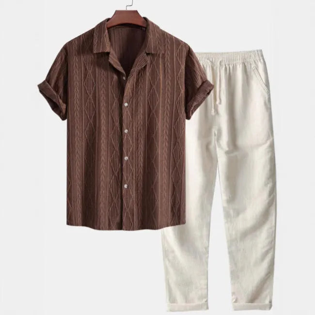 Men's slim fit camouflage print short-sleeved shirt and trousers two-piece casual suit