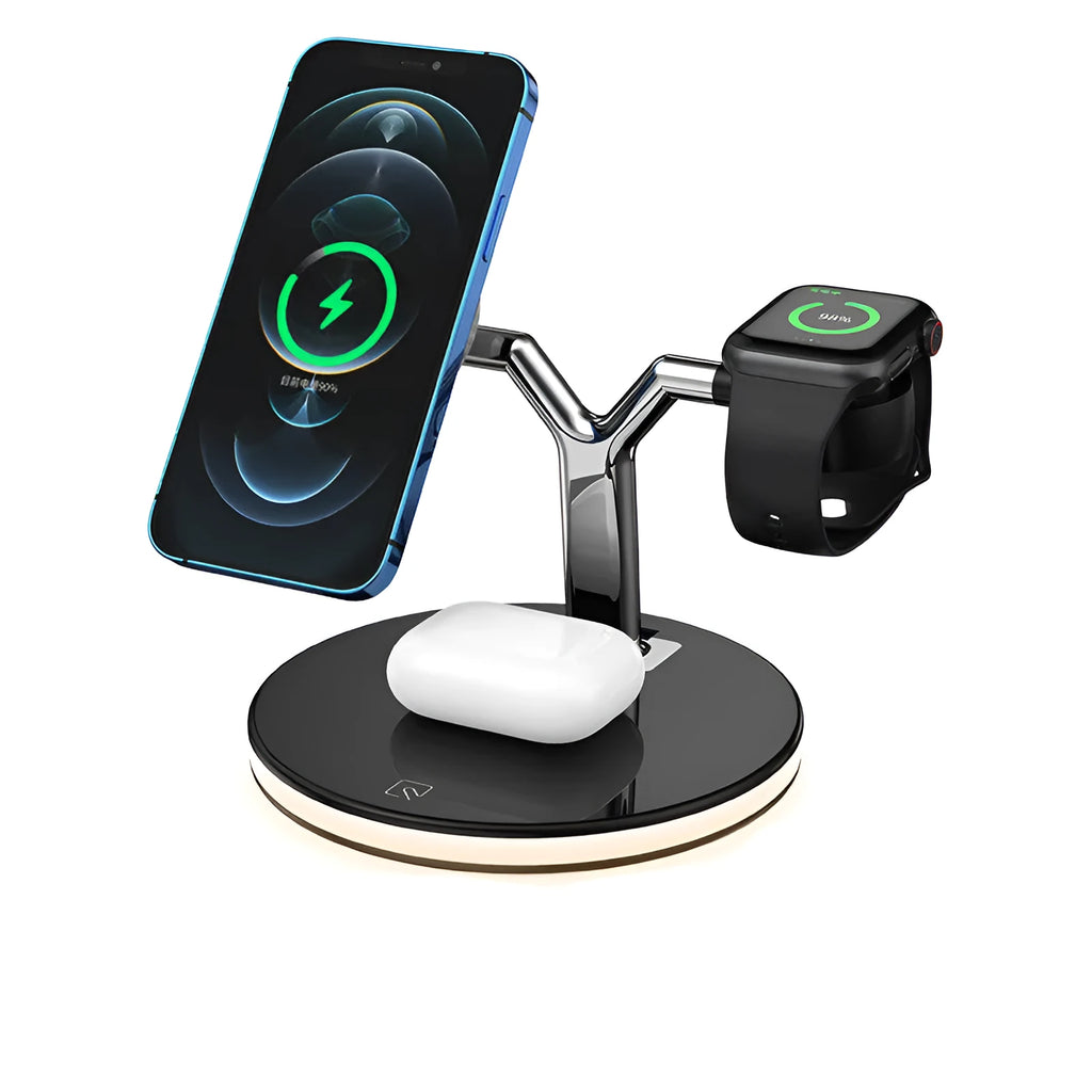 Black 15W three-in-one magnetic wireless charger on a desk with a smartphone placed on the charging pad