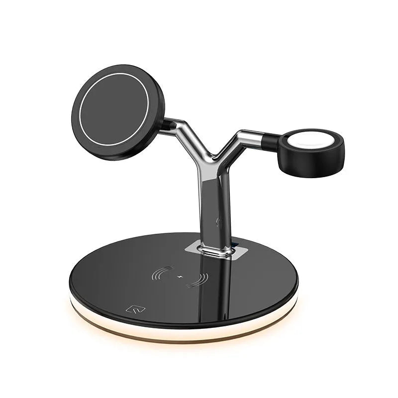 Black 15W three-in-one magnetic wireless charger on a desk with a smartphone placed on the charging pad