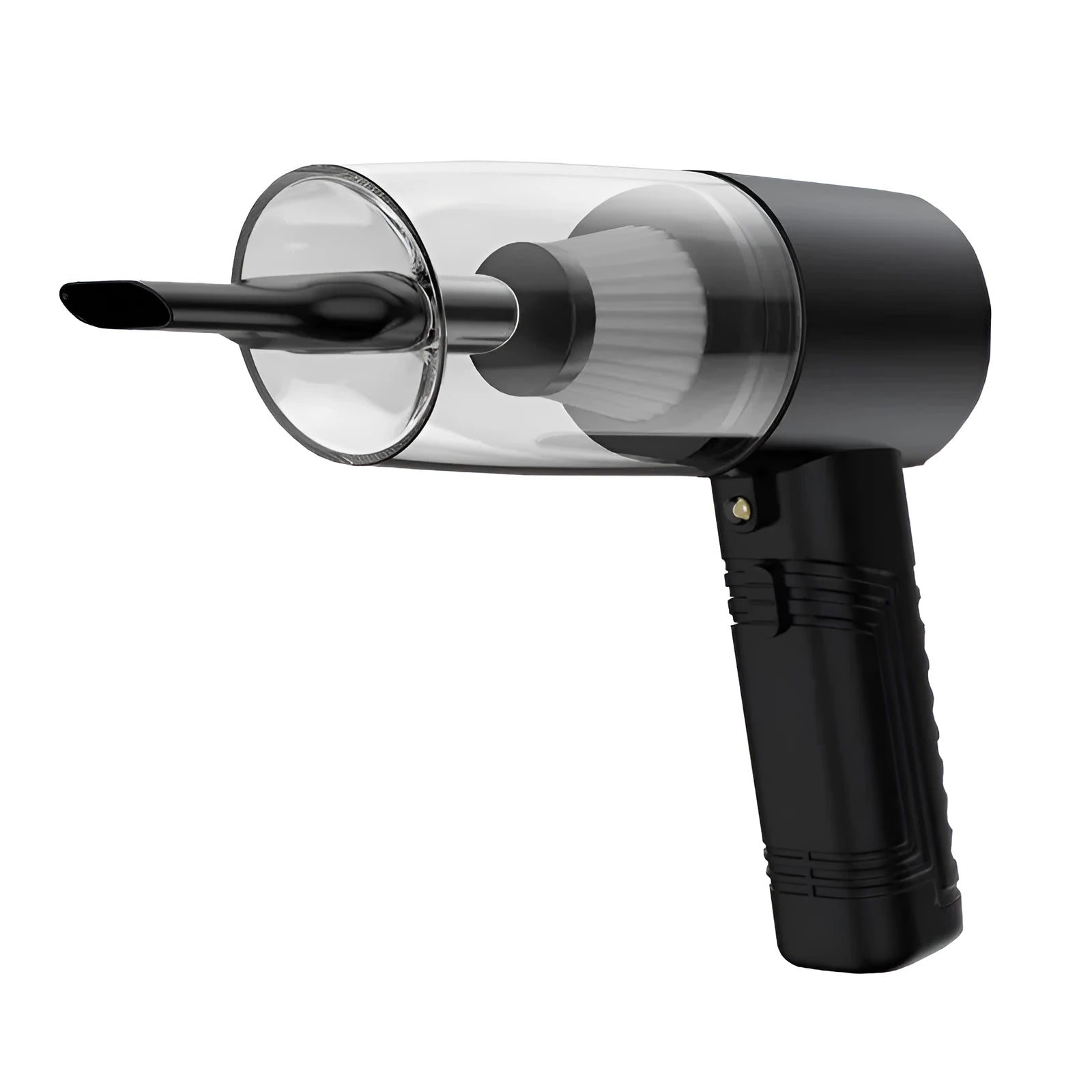 Starry Sky Black and Pearl White coloured mini car vacuum cleaner with accessories on a dark surface.