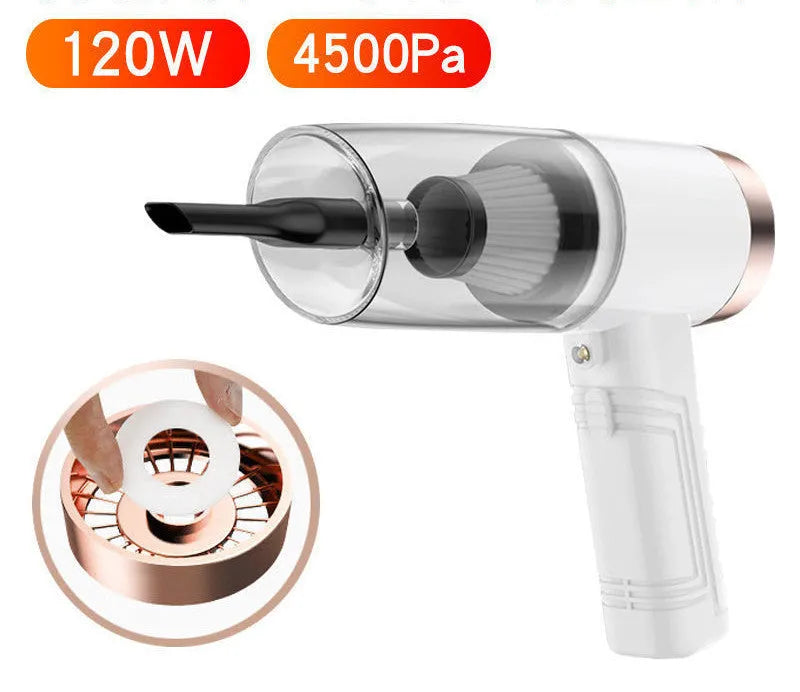 Starry Sky Black and Pearl White coloured mini car vacuum cleaner with accessories on a dark surface.