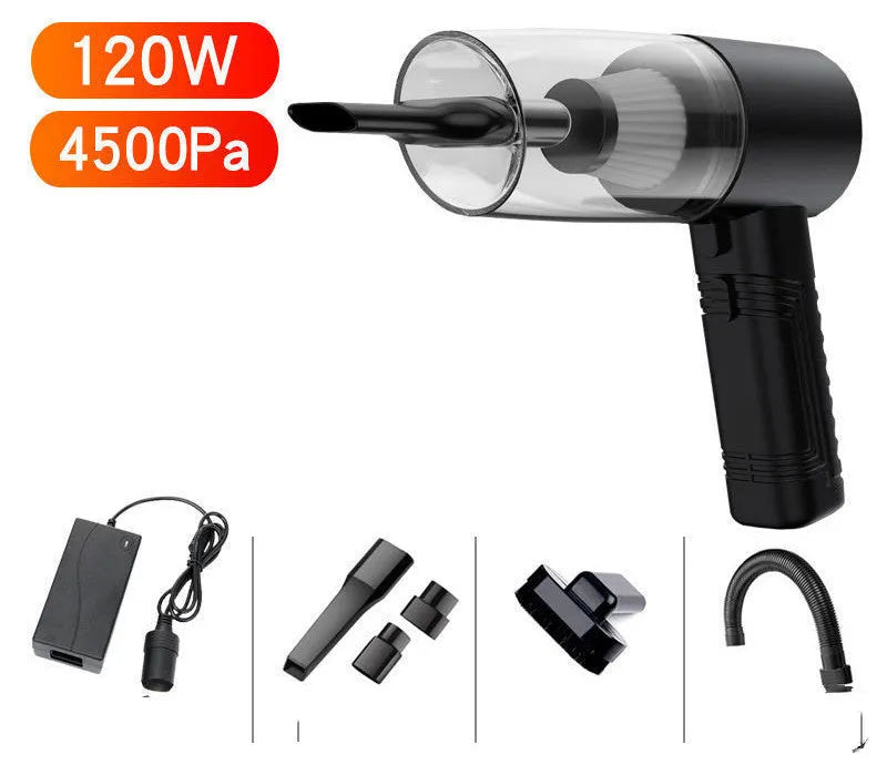Starry Sky Black and Pearl White coloured mini car vacuum cleaner with accessories on a dark surface.