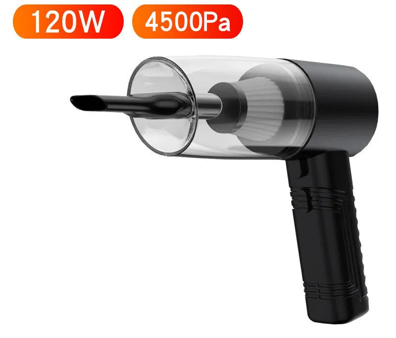 Starry Sky Black and Pearl White coloured mini car vacuum cleaner with accessories on a dark surface.