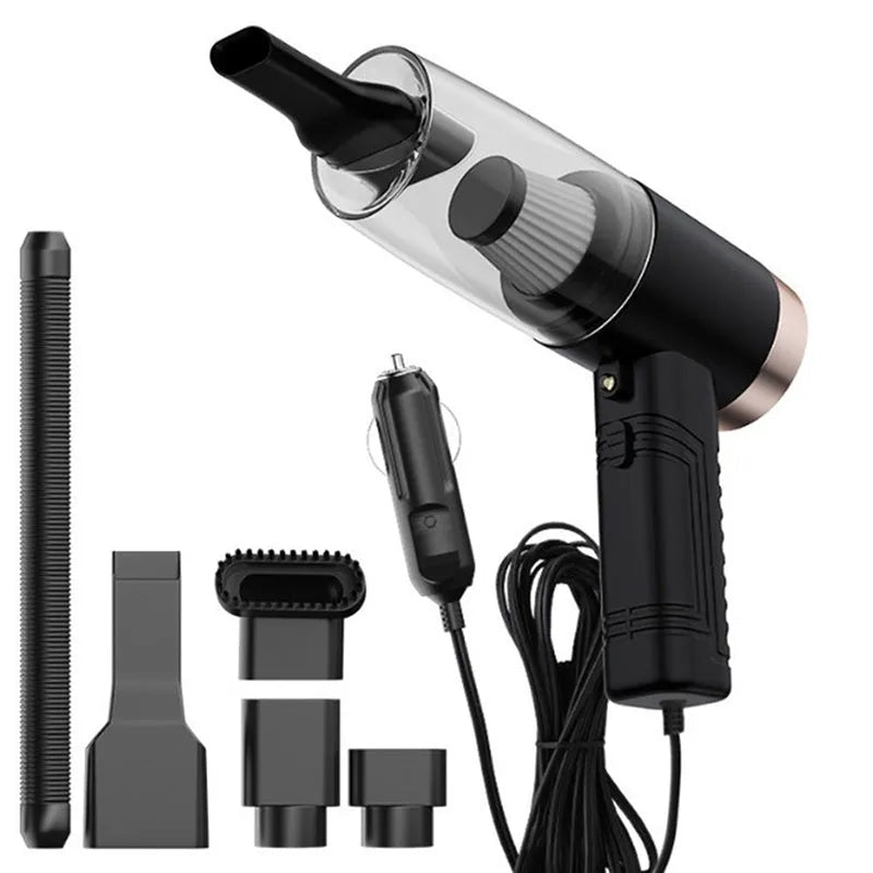 Starry Sky Black and Pearl White coloured mini car vacuum cleaner with accessories on a dark surface.