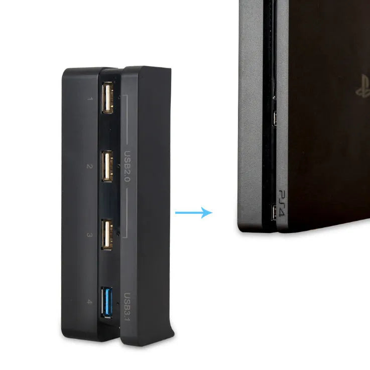 Black PS4 Slim USB hub extender with multiple ports for PlayStation 4 console