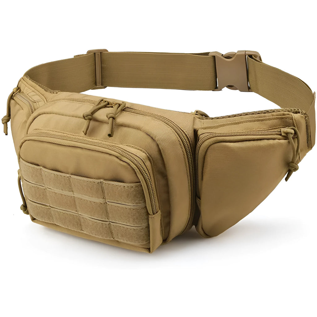 Tactical waist bag in black and khaki colours shown on waist