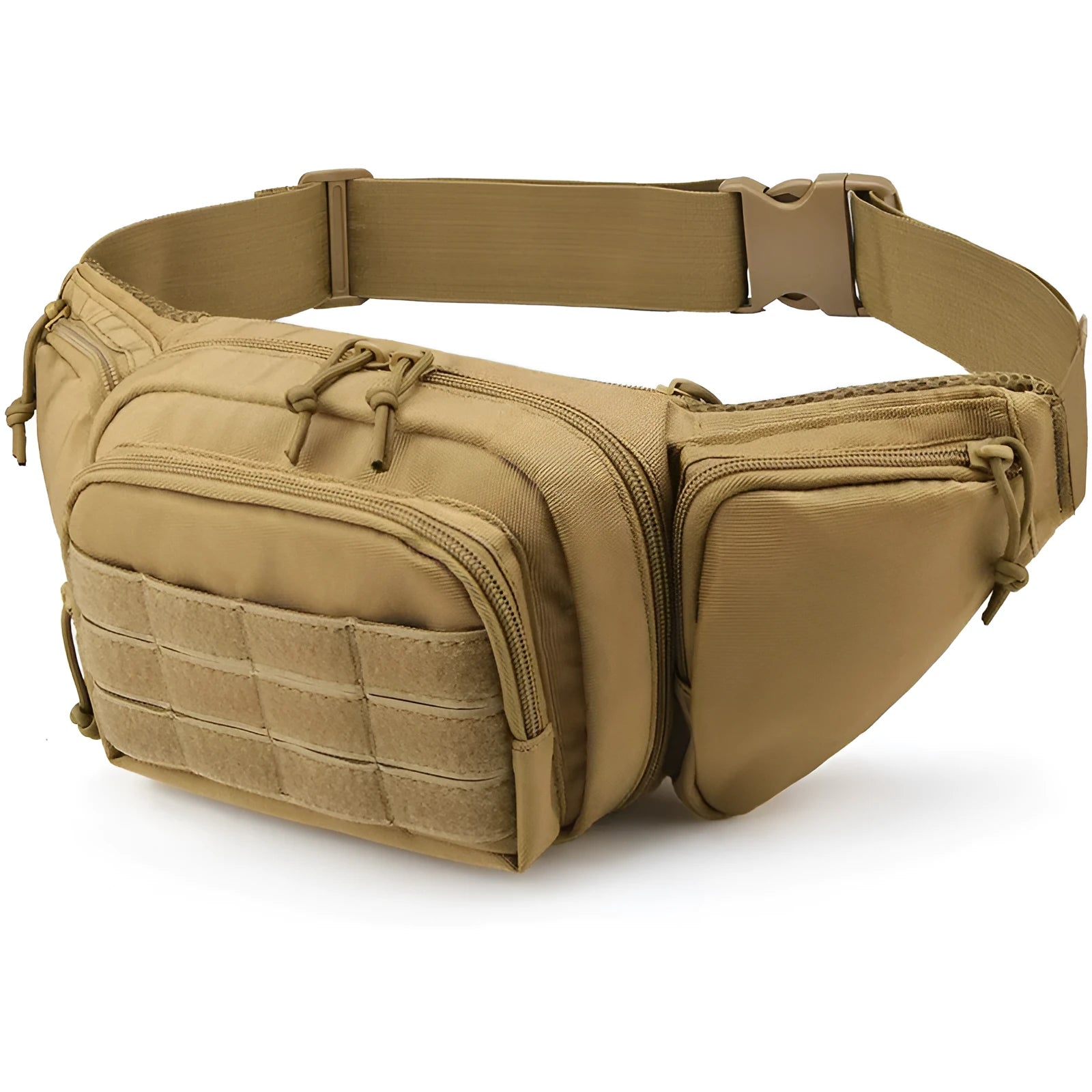 Tactical waist bag in black and khaki colours shown on waist